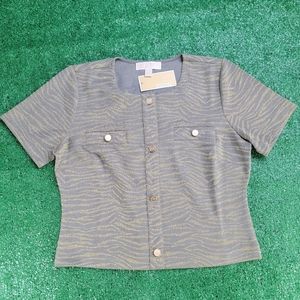Michael Kors Army Green Metallic Gold Zebra Striped Women's Top Size Medium New